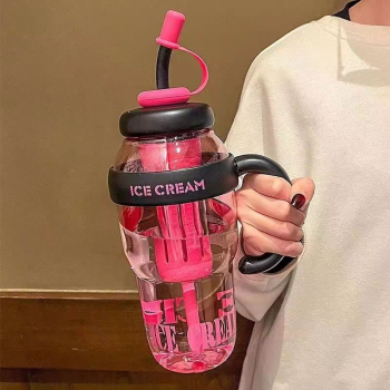 Sticla de Apa Flippy Transparenta 1400 mL cu Pai si Capac Roz Inchis 