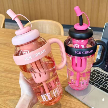 Sticla de Apa Flippy Transparenta 1400 mL cu Pai si Capac Roz 