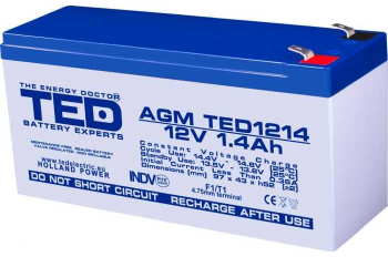 Acumulator AGM VRLA 12V 1.4Ah plumb acid 97x47x50 mm F1 terminal TED Battery Expert Holland 