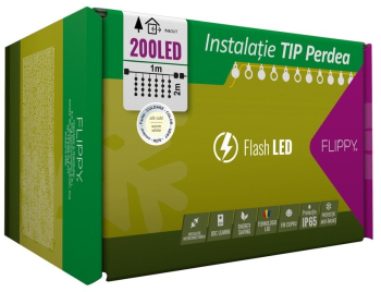Instalatie Craciun Profesionala de Exterior IP65 Tip Perdea 1m x 2m 200 Led-uri Mari Alb cald cu flash Alimentator si prelungitor 6 5 m 