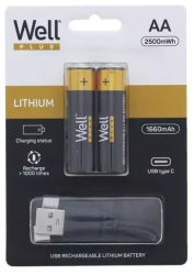 Acumulator AA R6 Li-ion 14500 1.5V 1660mAh 2500mWh cu incarcare 5V USB-C 2buc/blister Well ACCU-14500/166C-BL2-WL