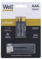 Acumulator AAA R3 Li-ion 10440 1.5V 400mAh 600mWh cu incarcare 5V USB-C 2buc/blister Well ACCU-10440/40C-BL2-WL 