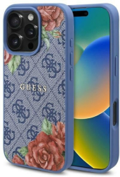 Husa pentru iPhone 16 - Guess Hardcase 4G Flower Print MagSafe GUHMP16SP4ROPEMCB - Blue 