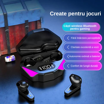 Casti gaming wireless carcasa de incarcare afisaj digital bluetooth 5.0 functie anulare zgomot microfon HD control tactic Negru 