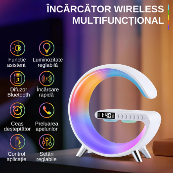 Incarcator wireless lampa smart LED RGB lumini reglabile difuzor Bluetooth 5W incarcare rapida 15W control aplicatie afisaj digital Alb 