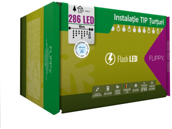 Instalatie Craciun 10 m 286 Led-uri Franjuri Alb rece Flash Transformator Interconectabila Prelungitor 5 m inclus Fir Alb Flippy 