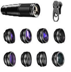 Set 10 obiective profesionale Apexel lentile telephoto 22x fisheye radial caleidoscop macro wide star compatibile cu iPhone Samsun