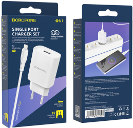 Incarcator Retea Borofone BN1 Innovative 2.1A 1 X USB cablu tip Lightning Alb 