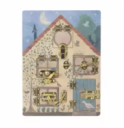 Jucarie Montessori Casuta iepurasilor joc din lemn cu sisteme de inchidere Egmont Toys 