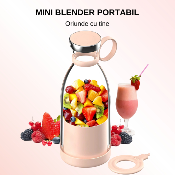 Mini blender electric portabil multifunctional 4 lame 3D incarcare magnetica baterie 1400mAh capacitate 350ml design ergonomic Roz