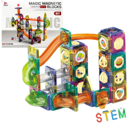 Set Piese Magnetice de Constructie cu Pista Rulanta RaSteff&trade Puzzle Interactiv Parinte-Copil 94 pcs