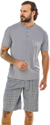 Pijama barbati bumbac 240361 tricou maneca scurta cu pantalon scurt-Gri-S INTL 