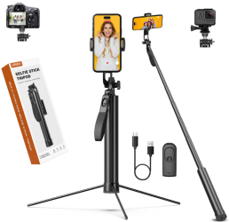 Selfie Stick Tripod 180 cm Calitate Premium Aluminiu Telecomanda Suport pentru telefon Extensibil Negru Lumini led RGB 