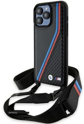 Husa pentru iPhone 15 Pro Max - BMW Leather M Edition Carbon Tricolor Lines & Strap BMHCP15X23PSVTK - Black 