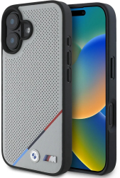 Husa pentru iPhone 16 - BMW Hardcase M Perforated Tricolor Line MagSafe BMHMP16S23PUPDG - Grey 