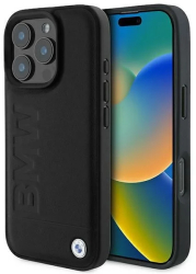 Husa pentru iPhone 16 Pro - BMW Natural Leather Hot Stamp BMHCP16LSLLBK - Black 
