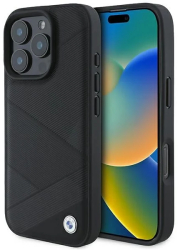 Husa pentru iPhone 16 Pro - BMW Natural Sign Leather Crossing Lines Pattern BMHCP16L23RCGPK - Black 