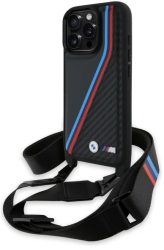 Husa pentru iPhone 16 Pro Max - BMW Leather M Edition Carbon Tricolor Lines & Strap BMHCP16X23PSVTK - Black 