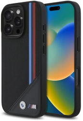 Husa pentru iPhone 16 Pro Max - BMW Leather M Meshed Tricolor Stripes MagSafe BMHMP16X23PUTRK - Black 