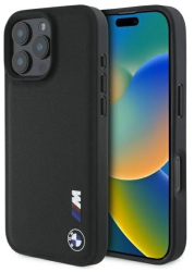Husa pentru iPhone 16 Pro Max - BMW Leather Tricolor Smooth Rubber Logo BMHCP16X23PUSRK - Black 