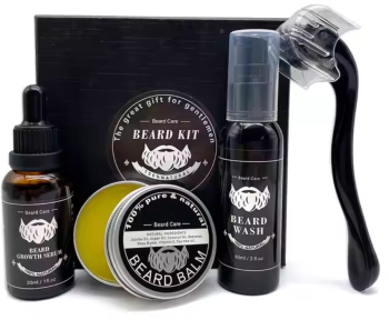 Set Premium Pentru Intretinere si Stimulare Crestere Barba Lotiune 60 ML Ser Stimulare 30 ML Ceara 30g Derma Roller. Pieptene 