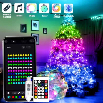 Instalatie De Craciun Smart RGB Wi-Fi SIKS Pentru Brad Fir de 10 Metri Cu Conectare Bluetooth 110 Led Aplicatie Mobil Conectare USB la 