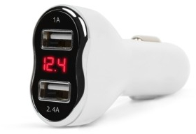 Adaptor de incarcare cu conectare la bricheta auto 2 x USB cu voltmetru si ampermetru Alb 