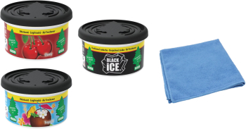 Mix 3 odorizante auto Wunder- Baum Fiber Can - Cherry-Tropical - Black Ice si Laveta Microfibra 
