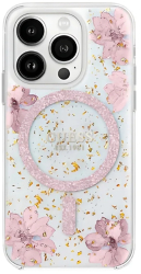 Husa pentru iPhone 16 - Guess Hardcase Resin Flowers and Glitter MagSafe GUHMP16SRBFGFGMP - Pink 