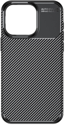 Husa antisoc pentru iPhone 15 Pro din silicon flexibil margini ridicate in jurul ecranului si camera AutoFocus Carbon Design Neagra 
