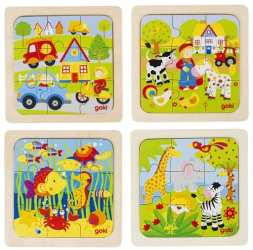 Puzzle de lemn copii 2 ani+ set 4 buc diverse modele ferma animale si viata din oceane Goki 