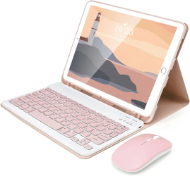 Husa cu tastatura si mouse pentru Samsung Galaxy Tab A9 8 7 inch Sigloo Pink Bluetooth Magnetic Protectie complatea si stand ajustabil