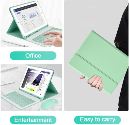 Husa cu tastatura si mouse Wireless Bluetooth Sigloo compatibila cu tableta iPad 2021/2020/2019 10.2 Inch Light Green 