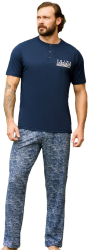 Pijama barbati 240335 tricou cu pantaloni lungi 100 bumbac Aydogan-Albastru prafuit-L INTL 