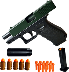 Pistol de Jucarie Glock cu Amortizor Gloante si Cartuse Incarcare Manuala Ejectarea Carcasei Goale SprintMag 