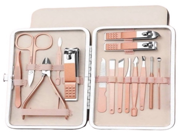 Trusa manichiura pedichiura premium 15 piese din otel inoxidabil accesorii complete unghiera pila impingator cuticule forfecuta penseta 
