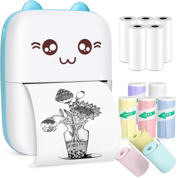 Mini Imprimanta Termica Portabila Bluetooth cu 13 Role Hartie Imprimare APP 1200 mAh IOS & Android Albastru