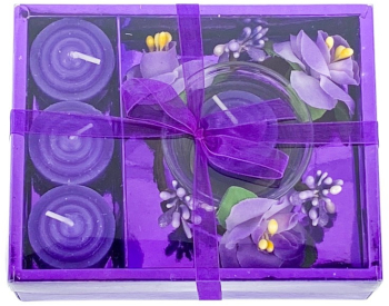 Set 4 lumanari cu vas si flori forma cadou mov 12x15 cm 