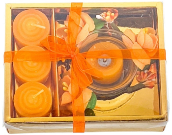Set 4 lumanari cu vas si flori forma cadou portocaliu 12x15 cm 