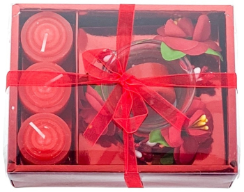 Set 4 lumanari cu vas si flori forma cadou rosu 12x15 cm