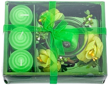 Set 4 lumanari cu vas si flori forma cadou verde 12x15 cm 