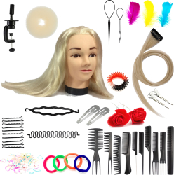 Set de antrenament pentru cap Aneta 55 Blond par sintetic + 80 accesorii + suport manechin de coafat cap de exercitii 