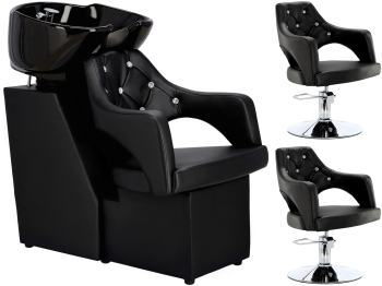 Set spalatorie de coafura Leia + 2 x scaune de frizerie pivotant hidraulic bol mobil din ceramica accesorii pentru bol baterie casti 