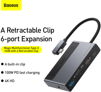 Docking Station Hub Baseus Magic Multifunctional USB-A - USB-C - HDMI - SD - MicroSD - Jack 3.5mm Conectare PC 100W USB Type-C 