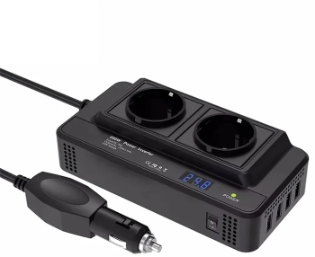 Invertor de Tensiune de la Priza Auto 12V la Priza 220V Putere 200W Afisaj Digita 4 Porturi USB Plus Adaptor USB-C la USB 3.0 Negru