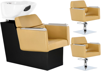 Set Scafa unitate de spalare profesionala Bella 2 x scaun hidraulic pivotant pentru salon de coafura lavoar ceramic mobil si accesorii 
