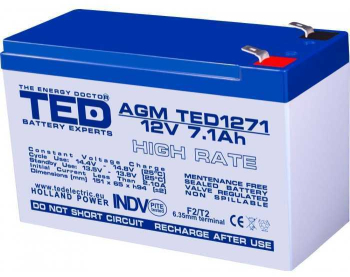 Acumulator AGM VRLA 12V 7.1A High Rate 151x65x95mm F2 TED Battery Expert Holland 