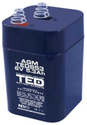 Acumulator AGM VRLA 6V 5.3A 67mm x 67mm x h 97mm cu arcuri tip 4R25 TED Battery Expert Holland 