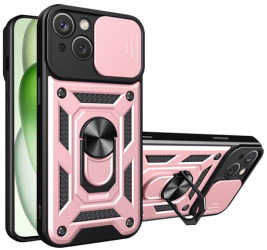 Husa cu Protectie Camera si Inel pentru iPhone 15 Plus Marmalis CamShield Roz 
