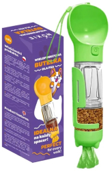 Dispenser portabil de mancare si apa pentru caini si pisici Nuxie 5 in 1 300 ml saci igienici spatula verde 